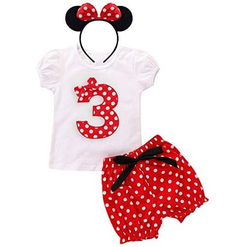  OBEEII Costume Baby Kid Girl Birthday Party Outfits Summer Polka Dots T-Shirt Shorts Pants Mouse Ear Headband Playwear