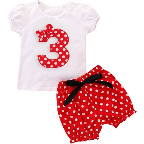  OBEEII Costume Baby Kid Girl Birthday Party Outfits Summer Polka Dots T-Shirt Shorts Pants Mouse Ear Headband Playwear