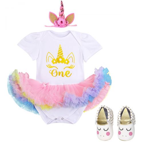  OBEEII Princess Unicorn Costume First Birthday Party Baby Girl Romper Tutu Dress Headband Summer Clothes Outfits Photo Prop 2pcs Set