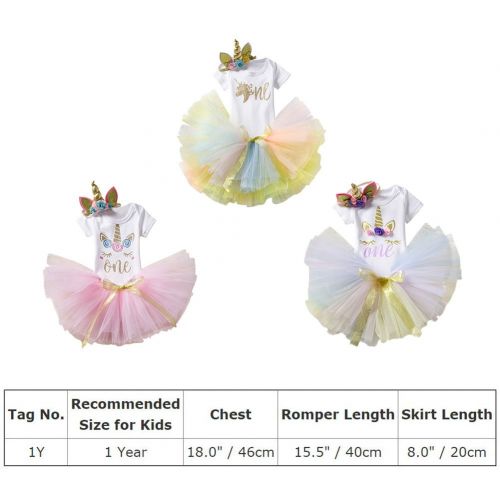  OBEEII Unicorn Outfits Baby Girl Romper + Ruffle Tutu Skirt + Headband First Birthday Party Clothes 3PCS Set