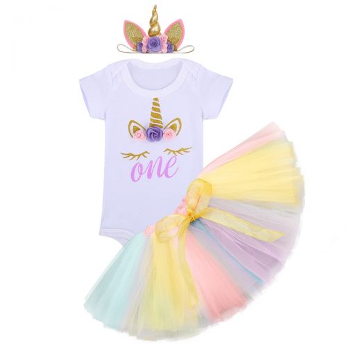  OBEEII Unicorn Outfits Baby Girl Romper + Ruffle Tutu Skirt + Headband First Birthday Party Clothes 3PCS Set