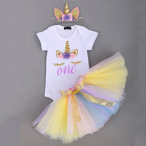  OBEEII Unicorn Outfits Baby Girl Romper + Ruffle Tutu Skirt + Headband First Birthday Party Clothes 3PCS Set