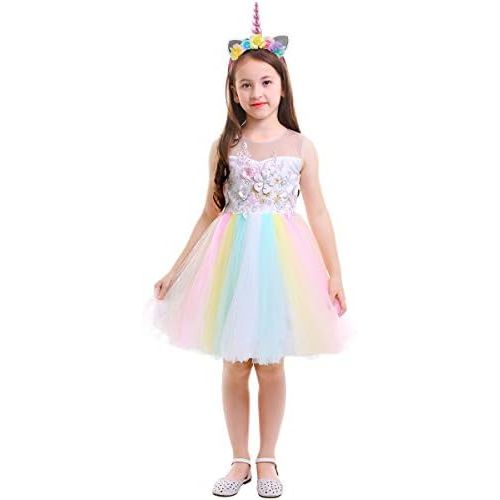  OBEEII Unicorn Costume Flower Girl Rainbow Tutu Dress Embroidered Floral Princess Pageant Party Birthday Wedding Short Gown