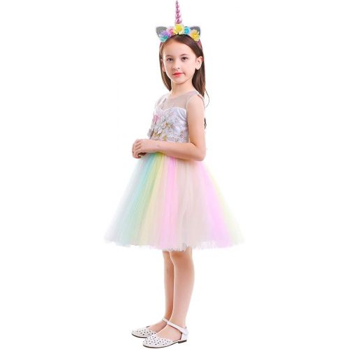  OBEEII Unicorn Costume Flower Girl Rainbow Tutu Dress Embroidered Floral Princess Pageant Party Birthday Wedding Short Gown