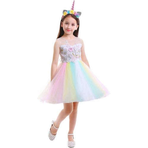  OBEEII Unicorn Costume Flower Girl Rainbow Tutu Dress Embroidered Floral Princess Pageant Party Birthday Wedding Short Gown