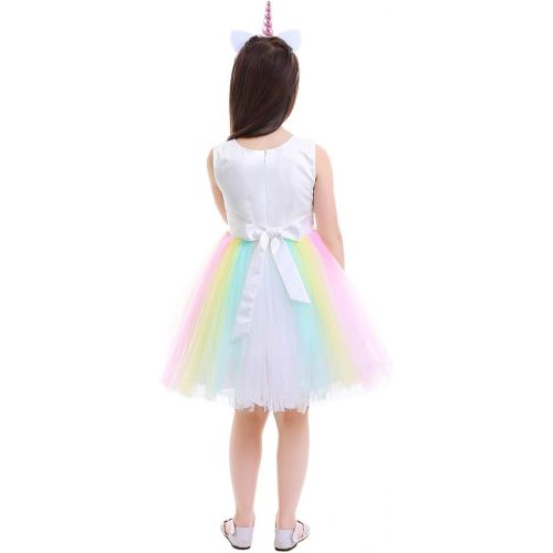  OBEEII Unicorn Costume Flower Girl Rainbow Tutu Dress Embroidered Floral Princess Pageant Party Birthday Wedding Short Gown