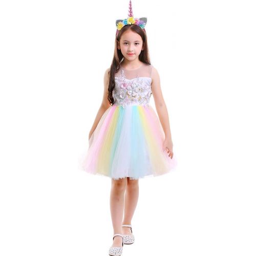  OBEEII Unicorn Costume Flower Girl Rainbow Tutu Dress Embroidered Floral Princess Pageant Party Birthday Wedding Short Gown