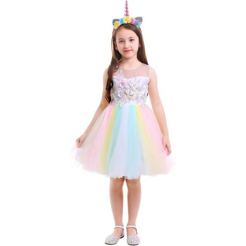  OBEEII Unicorn Costume Flower Girl Rainbow Tutu Dress Embroidered Floral Princess Pageant Party Birthday Wedding Short Gown