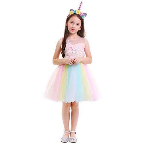  할로윈 용품OBEEII Unicorn Costume Flower Girl Rainbow Tutu Dress Embroidered Floral Princess Pageant Party Birthday Wedding Short Gown