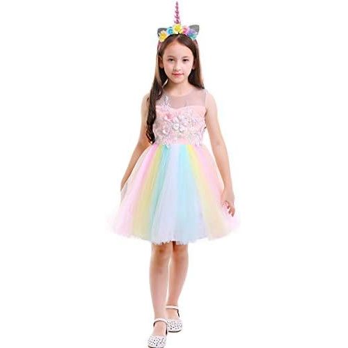  할로윈 용품OBEEII Unicorn Costume Flower Girl Rainbow Tutu Dress Embroidered Floral Princess Pageant Party Birthday Wedding Short Gown