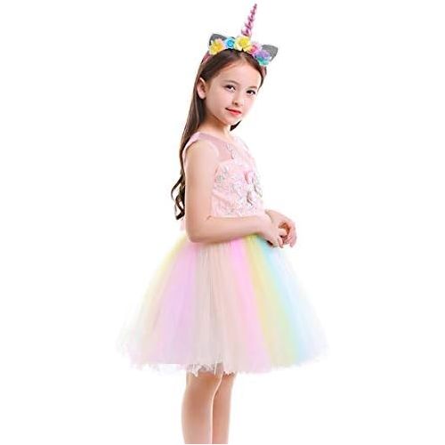  할로윈 용품OBEEII Unicorn Costume Flower Girl Rainbow Tutu Dress Embroidered Floral Princess Pageant Party Birthday Wedding Short Gown