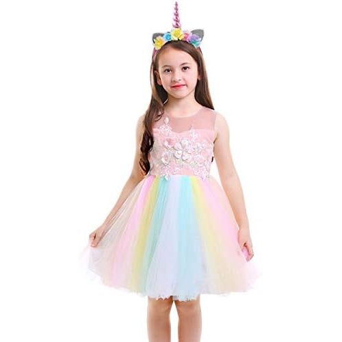  할로윈 용품OBEEII Unicorn Costume Flower Girl Rainbow Tutu Dress Embroidered Floral Princess Pageant Party Birthday Wedding Short Gown
