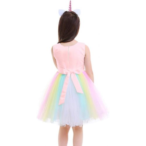  할로윈 용품OBEEII Unicorn Costume Flower Girl Rainbow Tutu Dress Embroidered Floral Princess Pageant Party Birthday Wedding Short Gown
