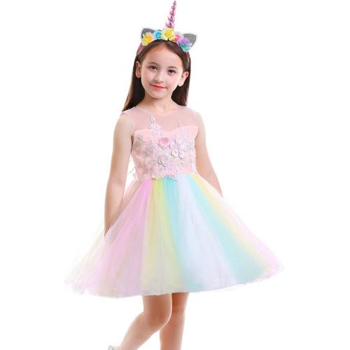  할로윈 용품OBEEII Unicorn Costume Flower Girl Rainbow Tutu Dress Embroidered Floral Princess Pageant Party Birthday Wedding Short Gown