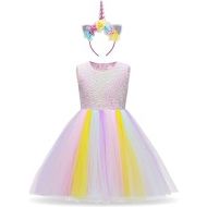 할로윈 용품OBEEII Little Big Girl Unicorn Princess Cosplay Sequin Flower Pastel Tutu Dress Pageant Party Birthday Halloween Evening Gown