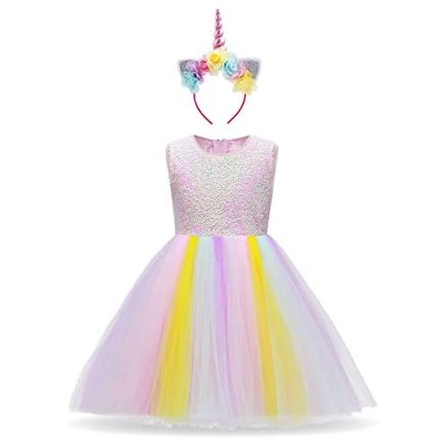  할로윈 용품OBEEII Little Big Girl Unicorn Princess Cosplay Sequin Flower Pastel Tutu Dress Pageant Party Birthday Halloween Evening Gown