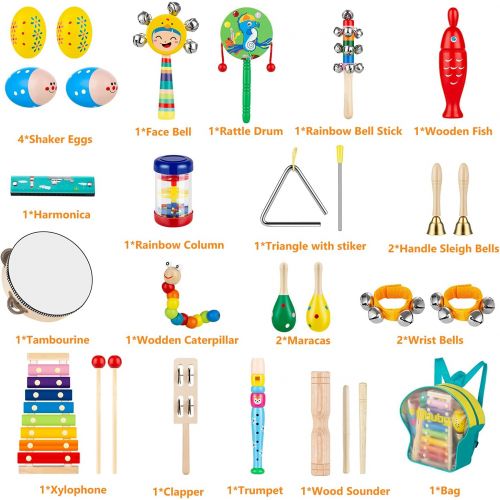  [아마존베스트]Obuby Toddler Musical Instruments Sets Wooden Percussion Instruments Toy for Kids Preschool Educational Wood Toys with Storage Bag for Kid Baby Babies Children Boys and Girls