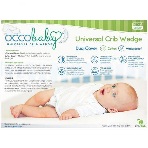  OCCObaby Universal Crib Wedge Pillow for Baby Mattress | Waterproof Layer & Handcrafted Cotton Removable Cover | 12-degree Incline for Better Nights Sleep