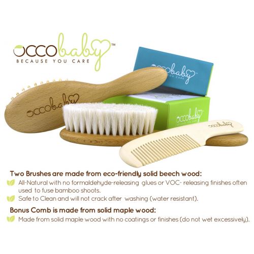  [아마존베스트]OCCObaby 3-Piece Wooden Baby Hair Brush and Comb Set for Newborns and Toddlers | Natural Soft Goat Bristles for Cradle Cap | Wood Bristles Baby Brush for Massage | Perfect for Baby