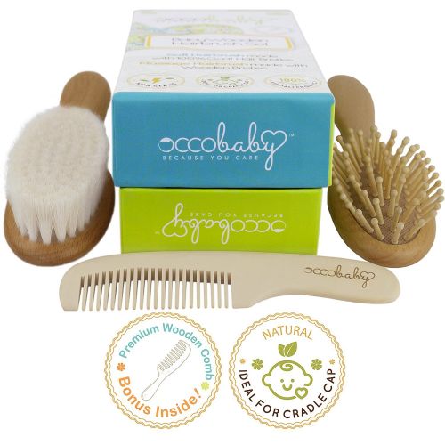  [아마존베스트]OCCObaby 3-Piece Wooden Baby Hair Brush and Comb Set for Newborns and Toddlers | Natural Soft Goat Bristles for Cradle Cap | Wood Bristles Baby Brush for Massage | Perfect for Baby