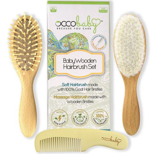  [아마존베스트]OCCObaby 3-Piece Wooden Baby Hair Brush and Comb Set for Newborns and Toddlers | Natural Soft Goat Bristles for Cradle Cap | Wood Bristles Baby Brush for Massage | Perfect for Baby