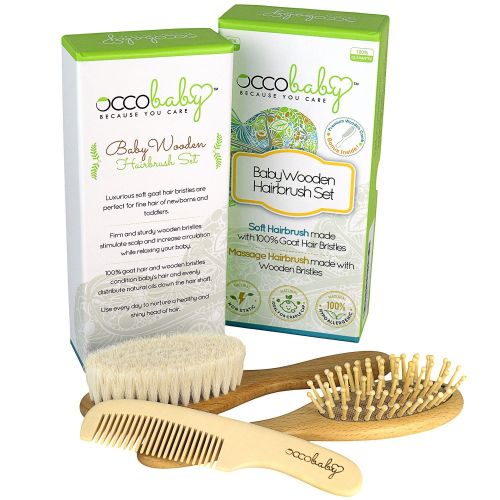  [아마존베스트]OCCObaby 3-Piece Wooden Baby Hair Brush and Comb Set for Newborns and Toddlers | Natural Soft Goat Bristles for Cradle Cap | Wood Bristles Baby Brush for Massage | Perfect for Baby