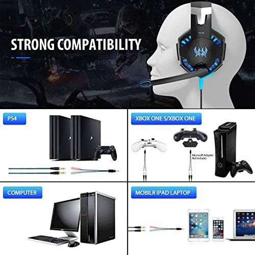  [아마존베스트]OCDAY gaming headset, headset for PS4, PC Xbox One, gaming headphones 3.5 mm, surround sound wired with microphone, LED light for laptop, Mac, mobile phone, tablet (blue).