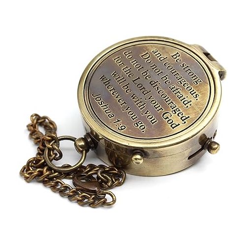  Be Strong and Courageous Do Not Be AfraidAntique Nautical Vintage Directional Magnetic Compass with Famous Scripture Quote Engraved Baptism Gifts with Wooden Case for Loved Ones, Son, Father, Love,