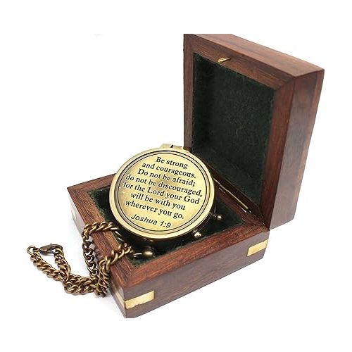  Be Strong and Courageous Do Not Be AfraidAntique Nautical Vintage Directional Magnetic Compass with Famous Scripture Quote Engraved Baptism Gifts with Wooden Case for Loved Ones, Son, Father, Love,