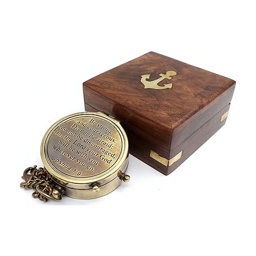  Be Strong and Courageous Do Not Be AfraidAntique Nautical Vintage Directional Magnetic Compass with Famous Scripture Quote Engraved Baptism Gifts with Wooden Case for Loved Ones, Son, Father, Love,