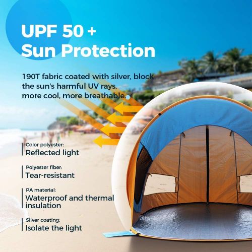  OCOOPA Beach Tent, Large Pop Up Beach Tent for 4 People, Anti-UV Automatic Beach Tent Camping Sun Shelter Instant Portable, 4 Sides Ventilation Design Sun Shelter Tents, Suitable f