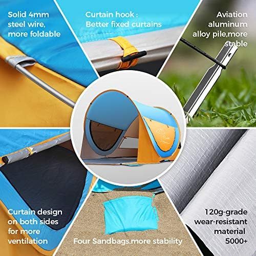  OCOOPA Beach Tent, Large Pop Up Beach Tent for 4 People, Anti-UV Automatic Beach Tent Camping Sun Shelter Instant Portable, 4 Sides Ventilation Design Sun Shelter Tents, Suitable f