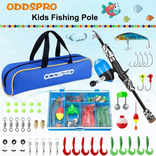  ODDSPRO Kids Fishing Pole - Kids Fishing Starter Kit - with Tackle Box, Reel, Practice Plug, Beginners Guide and Travel Bag for Boys, Girls