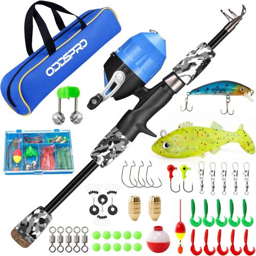  ODDSPRO Kids Fishing Pole - Kids Fishing Starter Kit - with Tackle Box, Reel, Practice Plug, Beginners Guide and Travel Bag for Boys, Girls