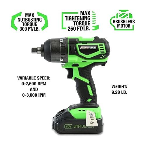  OEMTOOLS 24486 20V Max Lithium-Ion Brushless 1/2 Inch Impact Wrench, Lug Nut Remover, Torque Wrench, Socket Wrench, Cordless Impact Wrench with Battery