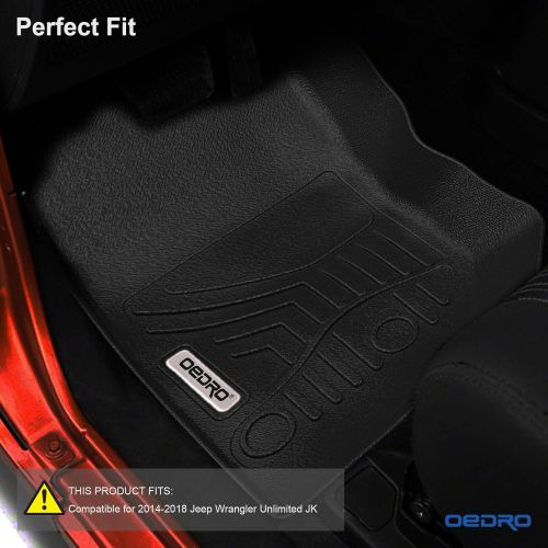  OEdRo oEdRo Floor Mats Liners Compatible for 2014-2018 Jeep Wrangler Unlimited 4 Door - Unique Black TPE All-Weather Guard,Includes 1st & 2nd Front Row and Rear JKU Floor Liner Full Set