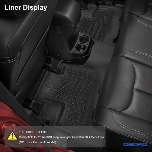  OEdRo oEdRo Floor Mats Liners Compatible for 2014-2018 Jeep Wrangler Unlimited 4 Door - Unique Black TPE All-Weather Guard,Includes 1st & 2nd Front Row and Rear JKU Floor Liner Full Set