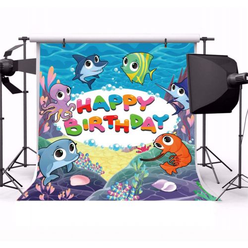  OFILA Happy Birthday Backdrop 10x10ft Underwater Theme Birthday Photography Background Cartoon Marine Animals Fish Dolphin Photos Kids Birthday Party Decoration Birthday Banner Sho