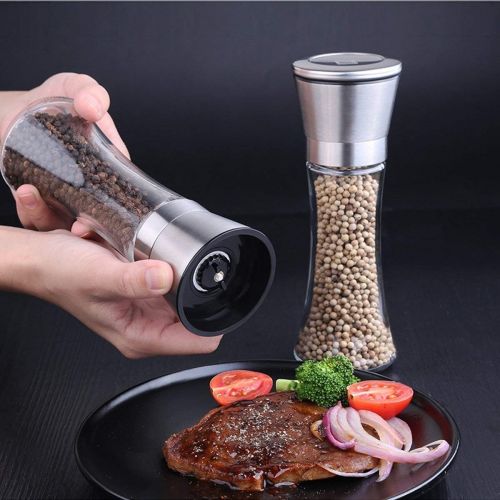  OITUGG Premium 304Stainless Steel Salt/Pepper Mill adjustable ceramic salt mill/pepper mill, 6oz, Glass, 5A, Adjustable, Ceramic