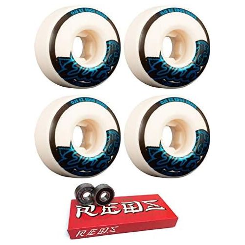  OJ Wheels 53mm Elite EZ Edge White Skateboard Wheels - 101a with Bones Bearings - 8mm Bones Super Reds Skate Rated Skateboard Bearings (8) Pack - Bundle of 2 Items