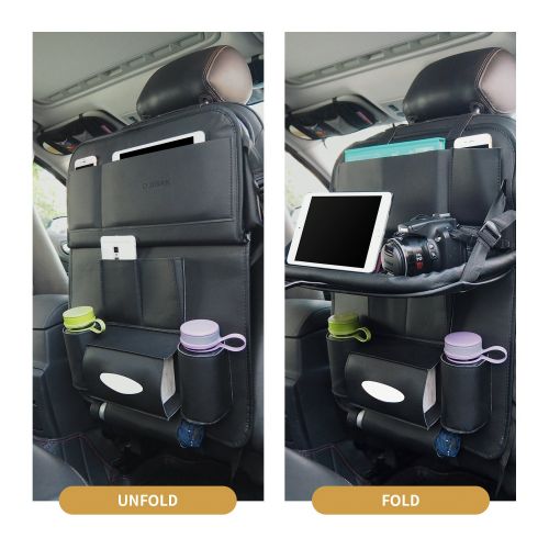  OJIBAK Full coverage PU Leather Car Backseat Storage Bag Have cup bag,cell phone pocket,tissue box,umbrella stand,table board&ipad bag(Black)