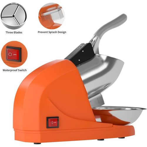  [아마존베스트]OKF Ice Shaver Electric Three Blades Snow Cone Maker Stainless Steel Shaved Ice Machine 220lbs/hr Home and Commercial Ice Crushers (Orange)