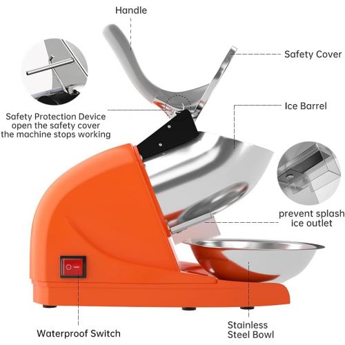  [아마존베스트]OKF Ice Shaver Electric Three Blades Snow Cone Maker Stainless Steel Shaved Ice Machine 220lbs/hr Home and Commercial Ice Crushers (Orange)