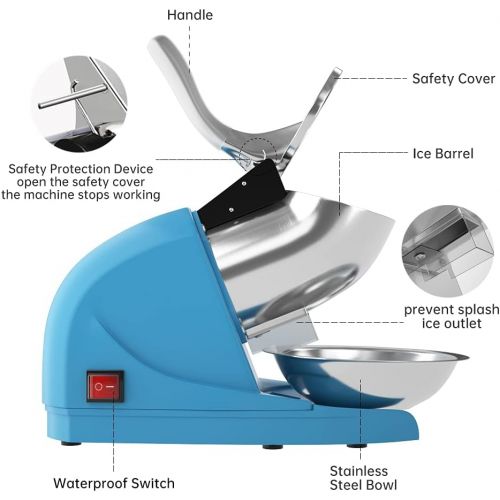  OKF Ice Shaver Prevent Splash Electric Three Blades Snow Cone Maker Stainless Steel Shaved Ice Machine 220lbs/hr Home and Commercial Ice Crushers (Blue)