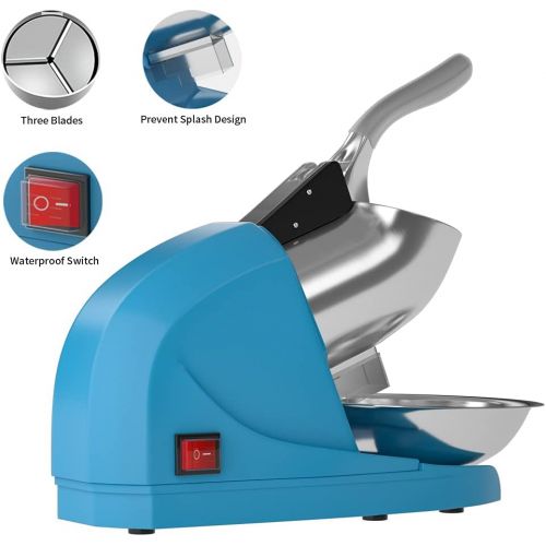  OKF Ice Shaver Prevent Splash Electric Three Blades Snow Cone Maker Stainless Steel Shaved Ice Machine 220lbs/hr Home and Commercial Ice Crushers (Blue)