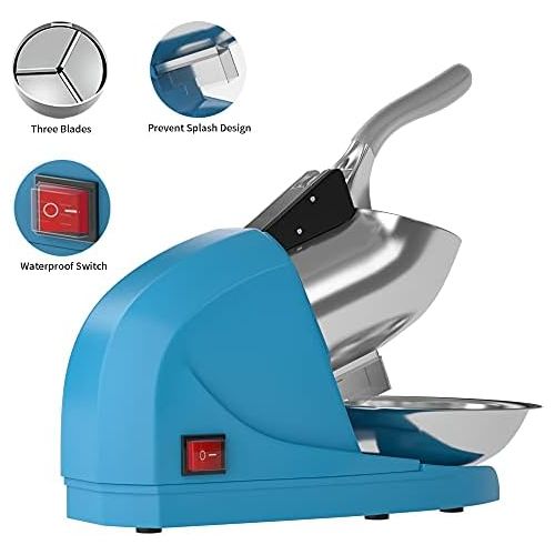  [아마존베스트]OKF Ice Shaver Electric Three Blades Snow Cone Maker Stainless Steel Shaved Ice Machine 220lbs/hr Home and Commercial Ice Crushers (Blue)