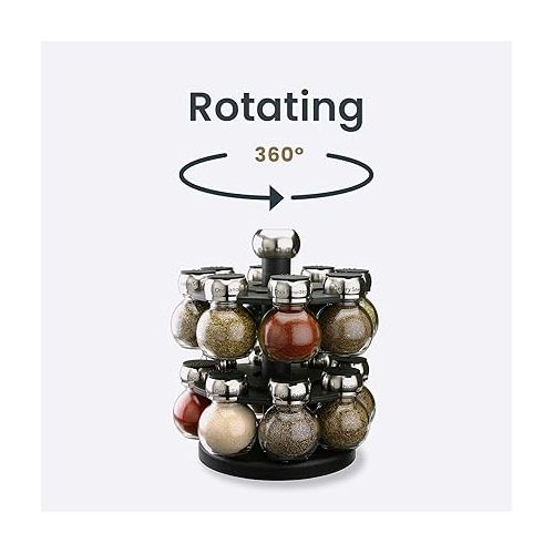  Olde Thompson Since 1944 Orbit Rotating Rack, 16 Refillable Spice Jars, Labeled Shaker Tops, 45, Black, Clear