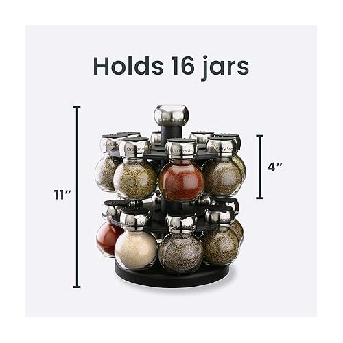  Olde Thompson Since 1944 Orbit Rotating Rack, 16 Refillable Spice Jars, Labeled Shaker Tops, 45, Black, Clear