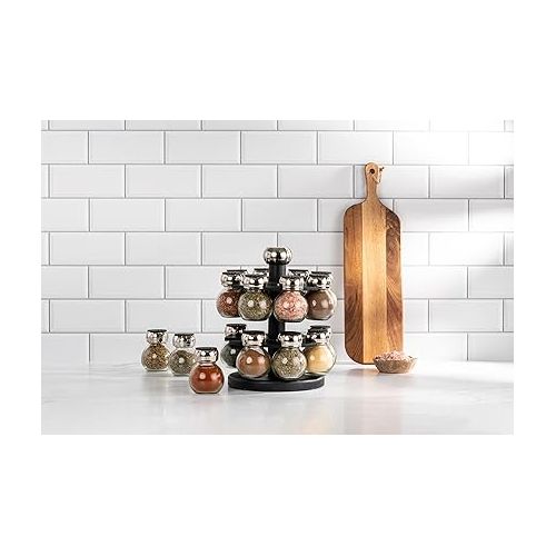  Olde Thompson Since 1944 Orbit Rotating Rack, 16 Refillable Spice Jars, Labeled Shaker Tops, 45, Black, Clear