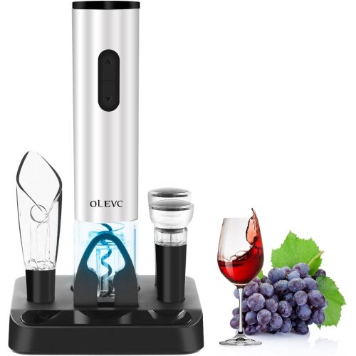  Olevc Rechargeable Electric Wine Bottle Opener, Automatic One-Button Corkscrew Opener Kit with Foil Cutter, Vacuum Stopper and Wine Aerator Pourer for Household Kitchen Party Bar(S